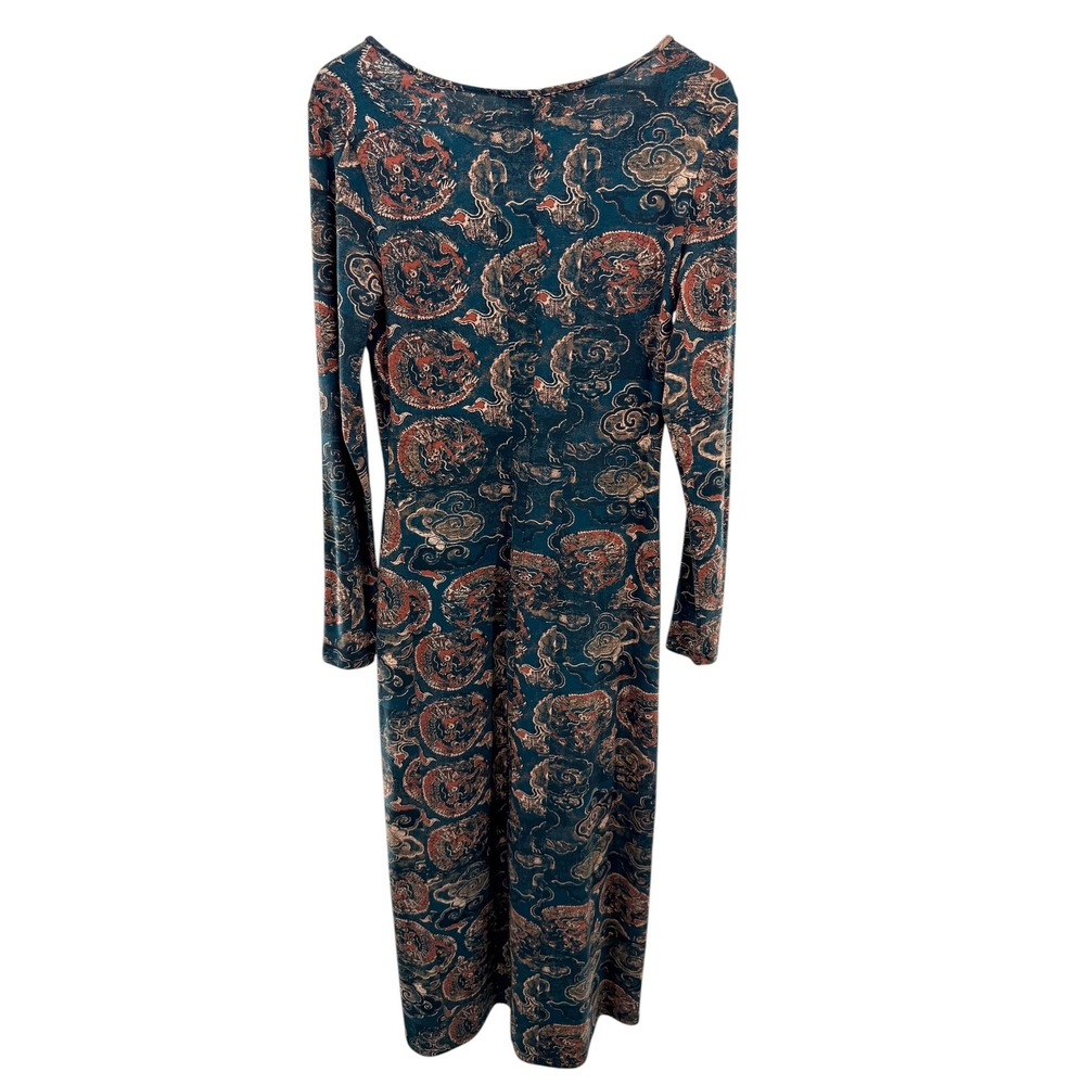 Peruvian Connection Ming Teal Dragon Cloud Print Cotton Lycra Midi Dress M - Picture 6 of 6